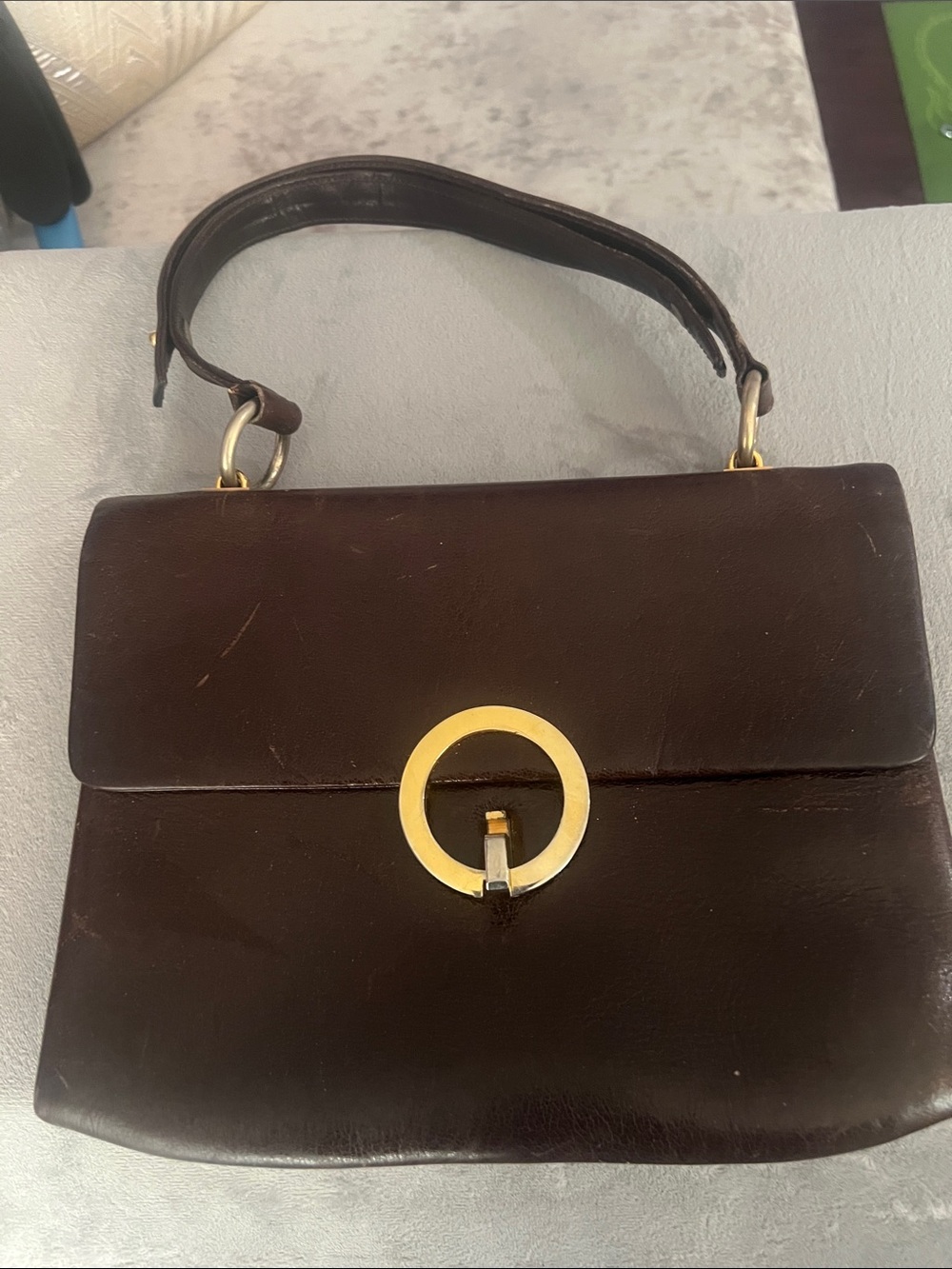 Saks Fifth Avenue vintage Dark Brown Leather Satchel with Gold Ring Accent